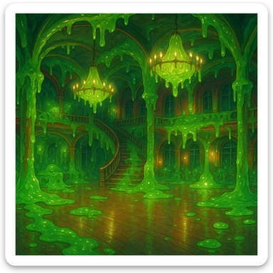 a ghibli-inspired dance hall with a whimsical, slimy atmosphere and glowing green ooze sticker