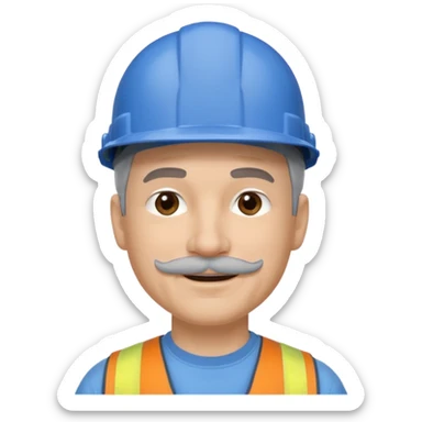 A man emoji with light skin, wearing a blue construction helmet, short gray hair on the sides, straight eyebrows, brown eyes, a small nose, and a thin gray mustache above his smiling mouth. sticker
