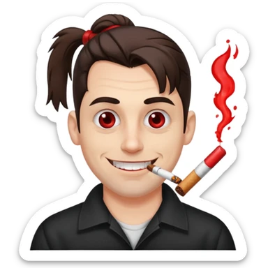 A white man with dark brown hair in a ponytail, oversized bloodshot eyes, grinning, smoking a long roll up sticker