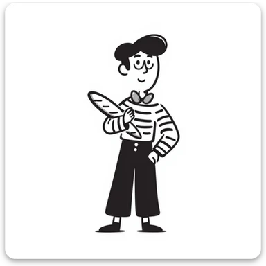 A Frenchman with a beret, holding a baguette under his elbow, wearing a black and white striped shirt, hand-drawn doodle style. sticker