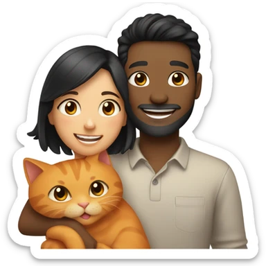 a happy light-brown woman with black hair and a happy brown man with brown hair in white long sleeve are family and holding an orange cat sticker