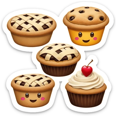 Baking community humanless avatar in clean emoji-style illustration. Pie, cookie, and muffin warm golden tones, simple shapes, flat design, high contrast, cozy and friendly. sticker