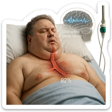 hyper-realistic medical CGI of overweight man in hospital bed, airway compressed by neck fat, trachea walls red, oxygen at 82%, brain scan overlay with disrupted deep sleep, 4K, clinical sticker