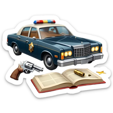Icon for Action & Crime Reading: an open book with dramatic crime scenes—bullet holes on pages, a detective badge, a revolver and a getaway car. Surrounding elements include a flickering streetlight. Transparent background. sticker