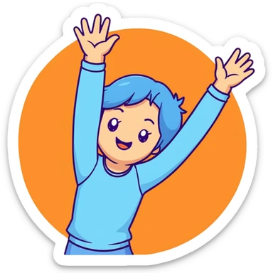 girl wearing pastel blue clothes with arms raised in joy making a hurray celebration gesture sticker