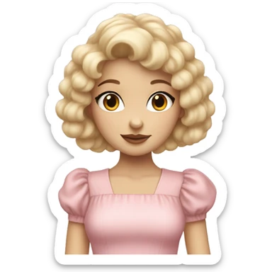 pale girl with bangs and long blonde curly hair and a pastel pink puff sleeve dress sticker