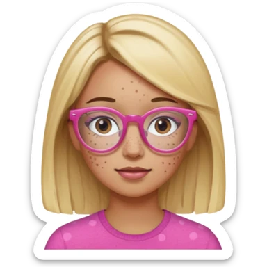 Innocent blonde woman with black eyes and light  brown skin and pink glasses and freckles  sticker