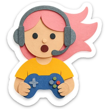 girl with pink hair streaming and playing video games, in Paper Craft style sticker