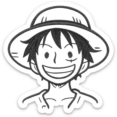 Luffy from One Piece as a hand-drawn outlined icon, sketchy lines, minimal details, focus on straw hat and smile sticker