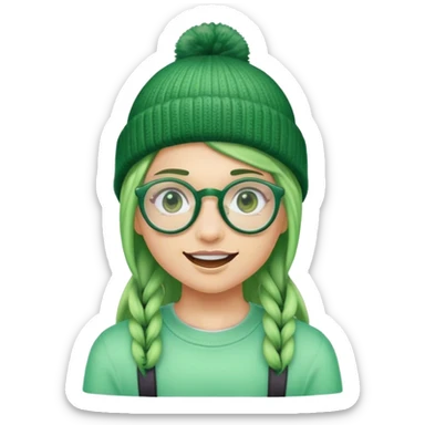 green skinned toned girl with braces glasses and a side part with a beanie sticker