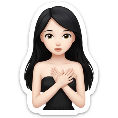 Pale girl with long black hair and black strapless dress with hands over her heart sticker