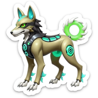 Hyper realistic skeletal black and neon green futuristic shiny colorful mechanical bioluminescent cyber-Cyborg-Poochyena-Lycanroc-Zorua-Litten-Houndoom-Fakémon-Pokémon-Digimon-hybrid-fusion (full body) with a skull face sticker