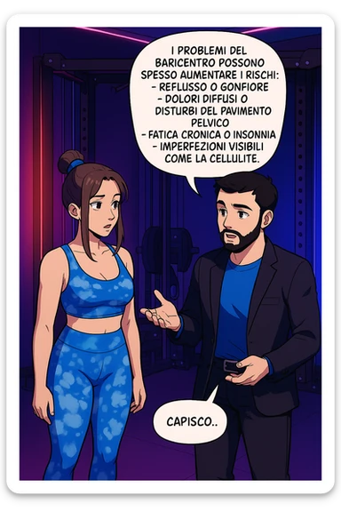 TRASFORMA QUESTO CAROSELLO IN UN FUMETTO STILE WEBTOON/MANGA A COLORI CON QUESTE DUE PERSONE IDENTICHE CHE INTERLOQUISCONO TRA LORO, L'uomo sta spiegando alla donna questo concetto:

Se hai un problema di baricentro, inoltre, non dovresti preoccuparti solo del reflusso e del gonfiore addominale, ma anche di un aumentato rischio di:
    • dolori e rigidità diffuse
    • disturbi pavimento pelvico
    • stanchezza cronica o insonnia
    • inestetismi visibili, come celluluite
    • etc… sticker