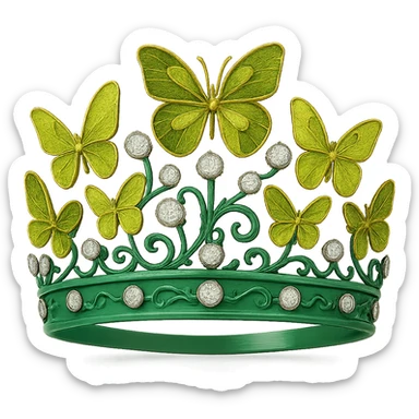 butterfly crown with a jade green base, just a couple of olive and lime green enamel butterflies, sparkling gems sticker