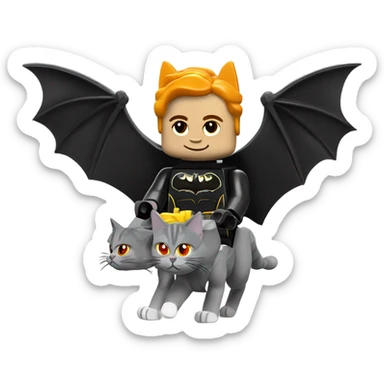 Lego Batman riding a Grey and black tabby kitten with white legs, and wings of fire  sticker