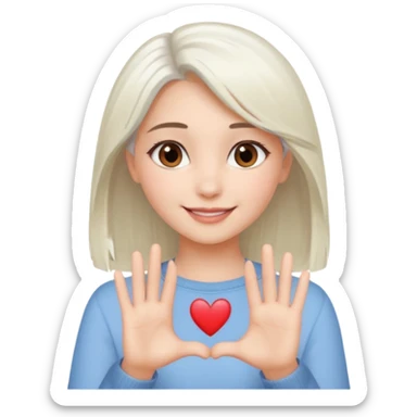 Beautiful girl. Platinum-colored hair just below the shoulders, straight, brown eyes, sweet smile. Hands in the shape of a heart.  sticker