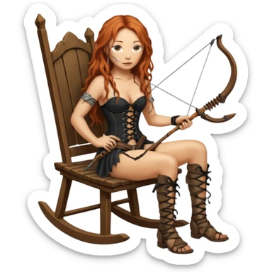 cinematic ultra HD Tori Amos casually crouches on a rocking chair in a torn corset, holding a medieval hunting crossbow and with muddy feet. a bronze snake wrapped itself around the chair sticker