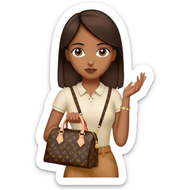  Brown girl with dark brown medium straight hair carrying one Louis Vuitton purse on her arm while standing  sticker