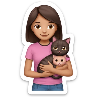 As una chica con piel marron claro con el pelo  medio largo color marron oscuro que tenga la chica una camiseta rosada mangas cortas con un jean claro que tenga ojos marrones la chica que la chica este sonriendo mientras sostiene entre sus brazos un gato negro gordito. sticker