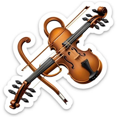 Create a refined and elegant emoji representing a bow crafted by Antonio Stradivari. The design should feature a beautifully detailed bow with intricate woodwork and fine metal fittings, emphasizing its craftsmanship. Include subtle elements like a hint of violin or viola strings to reflect its use. Use classic colors like dark wood brown, gold accents, and silver to convey the luxury and artistry of the bow. The background should be transparent. sticker