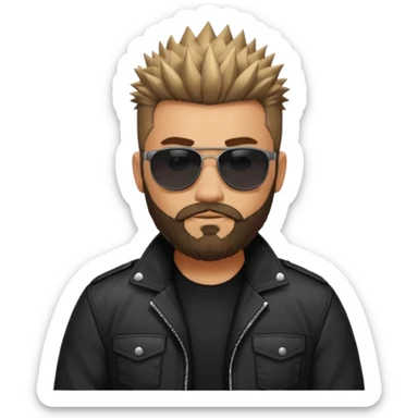 biker gang with black sunglass and rugged and bulky guy bearded spicks hair black jacket sticker