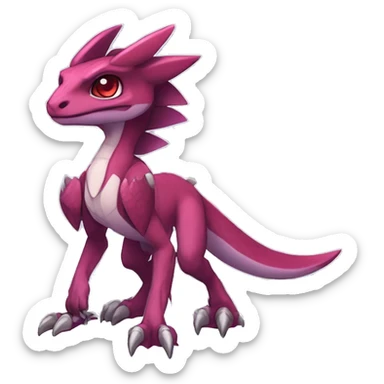 Chibi-Anthro Mauve-maroon-red-violet-colored edgy anthro-genesect-velociraptor-scalie-sona-Fakémon-hybrid with a mane on head and back and horns full body sticker