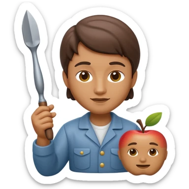 Apple Memoji-style 3D emoji of a sculptor with a small statue and chisel, smooth gradients, rounded edges, no background.during sculpting sticker