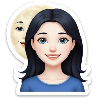 smiling girl with black hair with moon as a face sticker