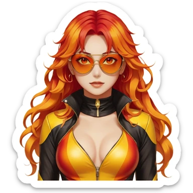 Beautiful gorgeous anime lady with beautiful fiery long warm-red-orange-yellow-gradient-wavy-special-hair, fashion aesthetic, slim red-tinted-sunglasses, accessories, gold jewelries, red-and-yellow sunny-pattern-eyes, black latex-suit, biker-woman, cool, badass, gold-sun-shaped-earrings sticker