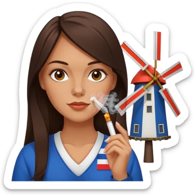 Windmill with on the top of the building a dutch flag and a white girl with long dark brown hair smoking a joint without filter. sticker
