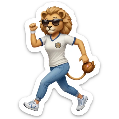 friendly anthropomorphised female lion wearing a baseball shirt, jeans, trainers, dark sunglasses, jogging upright, dominant confident expression sticker