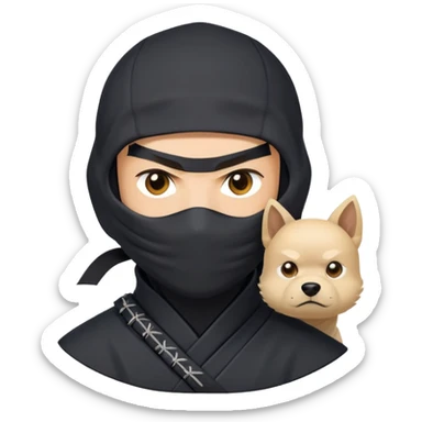 clash-of-clans-aesthetic_-cinematic-mysterious-male-ninja-portrait-emoji, rendered in a flat, vector-style with minimal shading and bold, simplified shapes,   with a head slightly turned revealing intense, focused eyes. the ninja is accompanied by a Ninken dog sticker