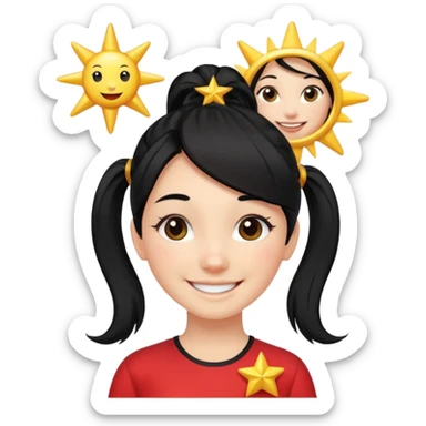An Emoji of girl with black ponytail hair, who can be described by three words: sun, moo, star sticker