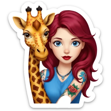  Female long wavy burgundy hair, blue eyes, red lips, tattoo of colorful giraffe on arm sticker