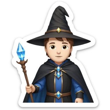 A white-skinned man with brown hair stands in sharp black clothing. He wears a pointed wizard hat and cape, holding a wooden staff crowned with a glowing blue crystal. His calm expression and steady posture suggest quiet mastery and a blend of magic, mystery, and modern elegance. sticker