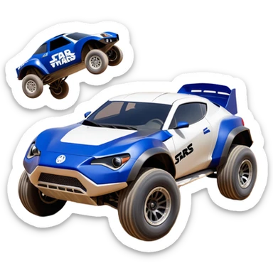Star Wars storm trooper’s evil darkly night blue Dirty and dented Local Motors Rally Fighter off road race car hot rod meets 2013 scion fr-s trophy truck-style basher flying down a dusty road (silver wheels) sticker