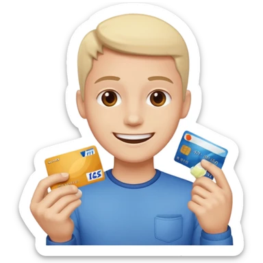 Happy person with credit card in hand and a pile of sugar sticker