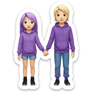 full-length happy couple, girl with long purple hair and gray eyes in lilac hoodie, boy with blonde hair in black hoodie sticker