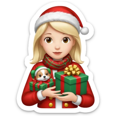 a girl wearing a chirstmas jacket and scarf and holding a christmas gift sticker