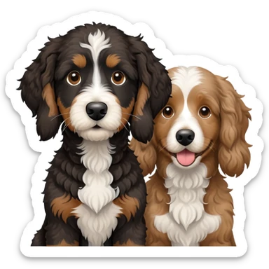 2 dogs, one is a light brown Aussie doodle. the other is a All black Berenedoodle with white eyebrows . Make both same size sticker