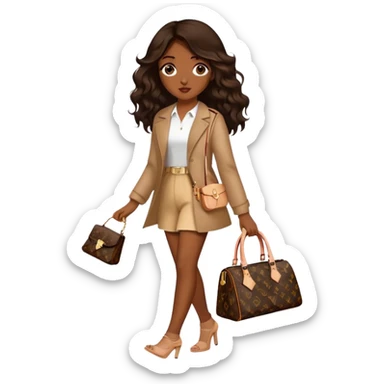  Brown girl with long dark brown medium wavy hair carrying a Louis Vuitton purse on her arm while walking  sticker