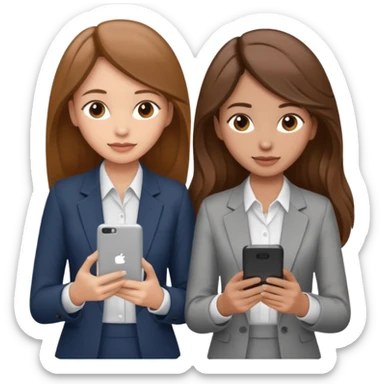 two brown haired girls, looking professional maybe leaned on each others back and looking forward and using phones, with long hair and one girl can hold lap top another one can hold the phone, professional clothes, more stylish sticker
