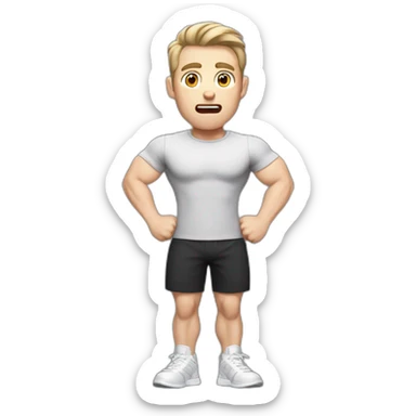 amazed In shock Open with surprise mouth Pale skinned Fit Man With the biceps and dark brown hair in black shirt, gray sports shorts and white Sneakers sticker