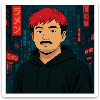 Asian man with a bit round face, less mustache, and a bit of beard, red hair, black hoodie, Japanese cyberpunk anime style, futuristic city background sticker