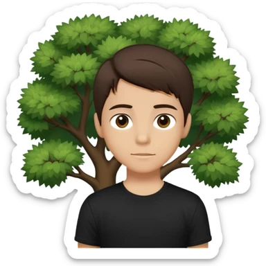 boy with straight short brunette hair brown eyes black tshirt on and tree behind sticker
