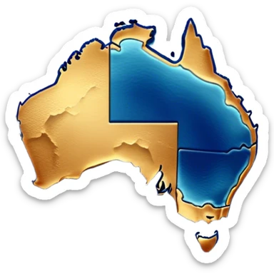 Cinematic-realistic outline of Australia, featuring its distinct landmass with accurately defined coastlines. The deep blue ocean surrounds the golden-brown continent, with subtle topographic shading to highlight its terrain. A soft glowing effect enhances the edges, making the shape stand out against a neutral, textured background. sticker