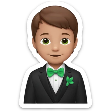 baby cute boy, brown hair in suit, with green bow, smile sticker