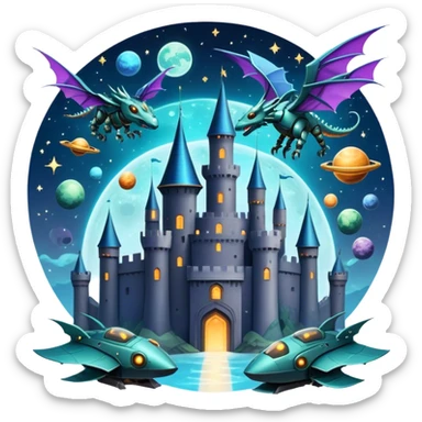 Icon for Fantasy and Sci-Fi Movies: A magical collage with flying dragons. futuristic spaceships and UFOs. Stars and planets shimmer in the background with a mystical castle Hogvards an ancient wizard and robots. The atmosphere is epic, otherworldly and adventurous. Transparent background. sticker