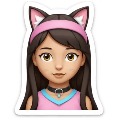 woman with medium skin tone and long straight dark hair, wearing kitten play gear including cat ears headband and collar sticker
