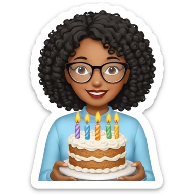 A Black woman with curly black hair and glasses holding a birthday cake sticker